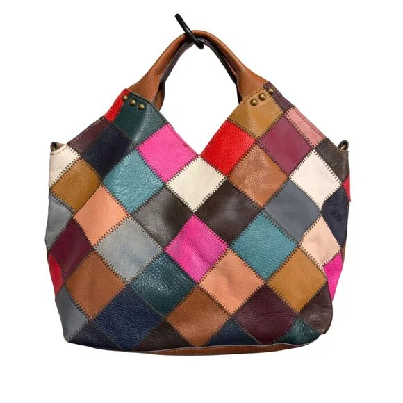 Booba Patchwork Leather Tote Bag Multicolor Squares Brown Handles Dopamine Boho - Picture 5 of 16